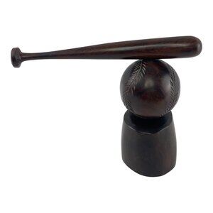 Vintage Hand Carved Wooden Baseball Bat & Ball on Stand Décor Collectible